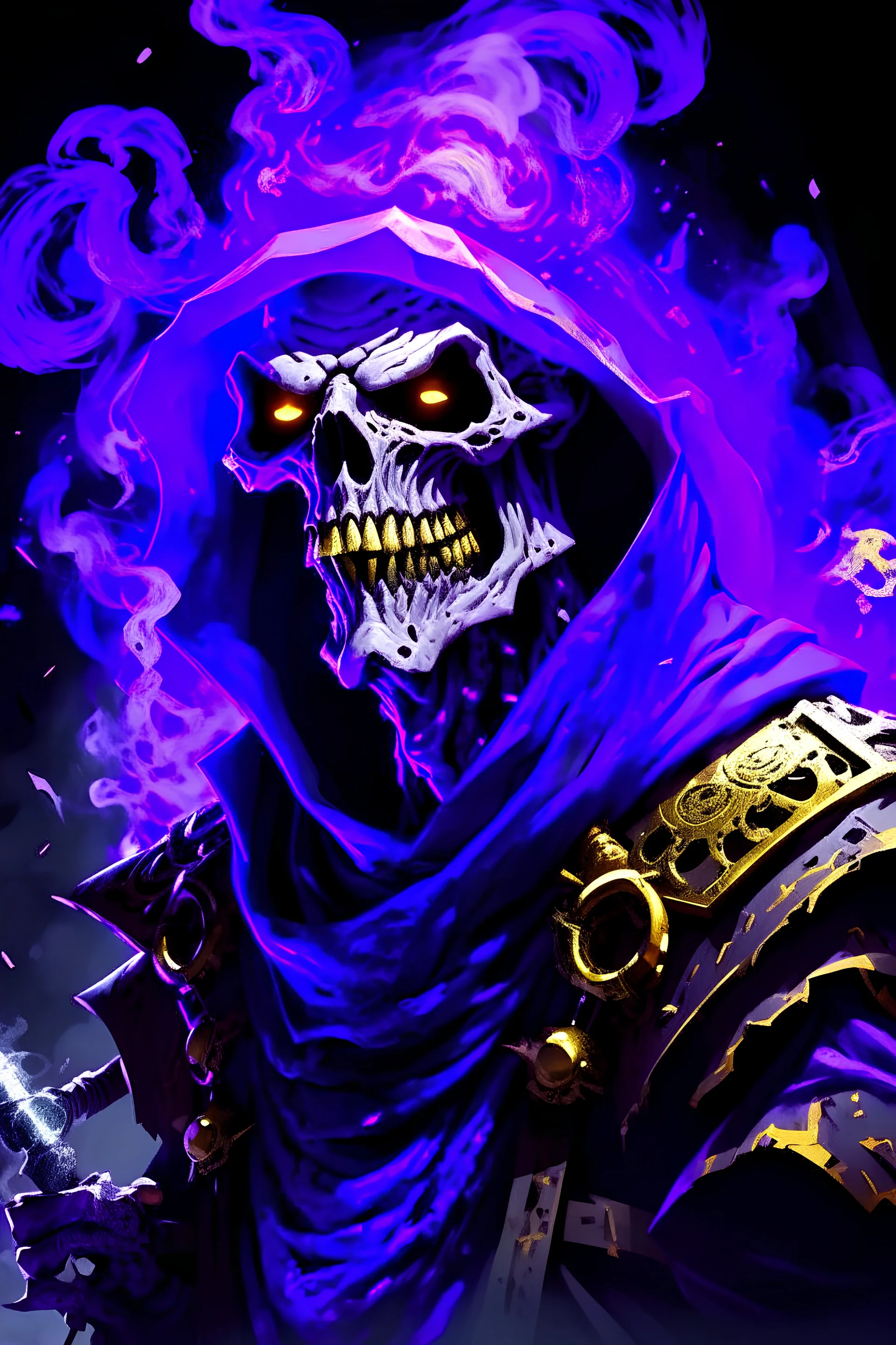 Dungeons & Dragons style high-quality 4k art of Charon from the game Hades breathing large amounts of purple smoke out of his mouth. He appears slightly transparent, looks scary and is smiling.