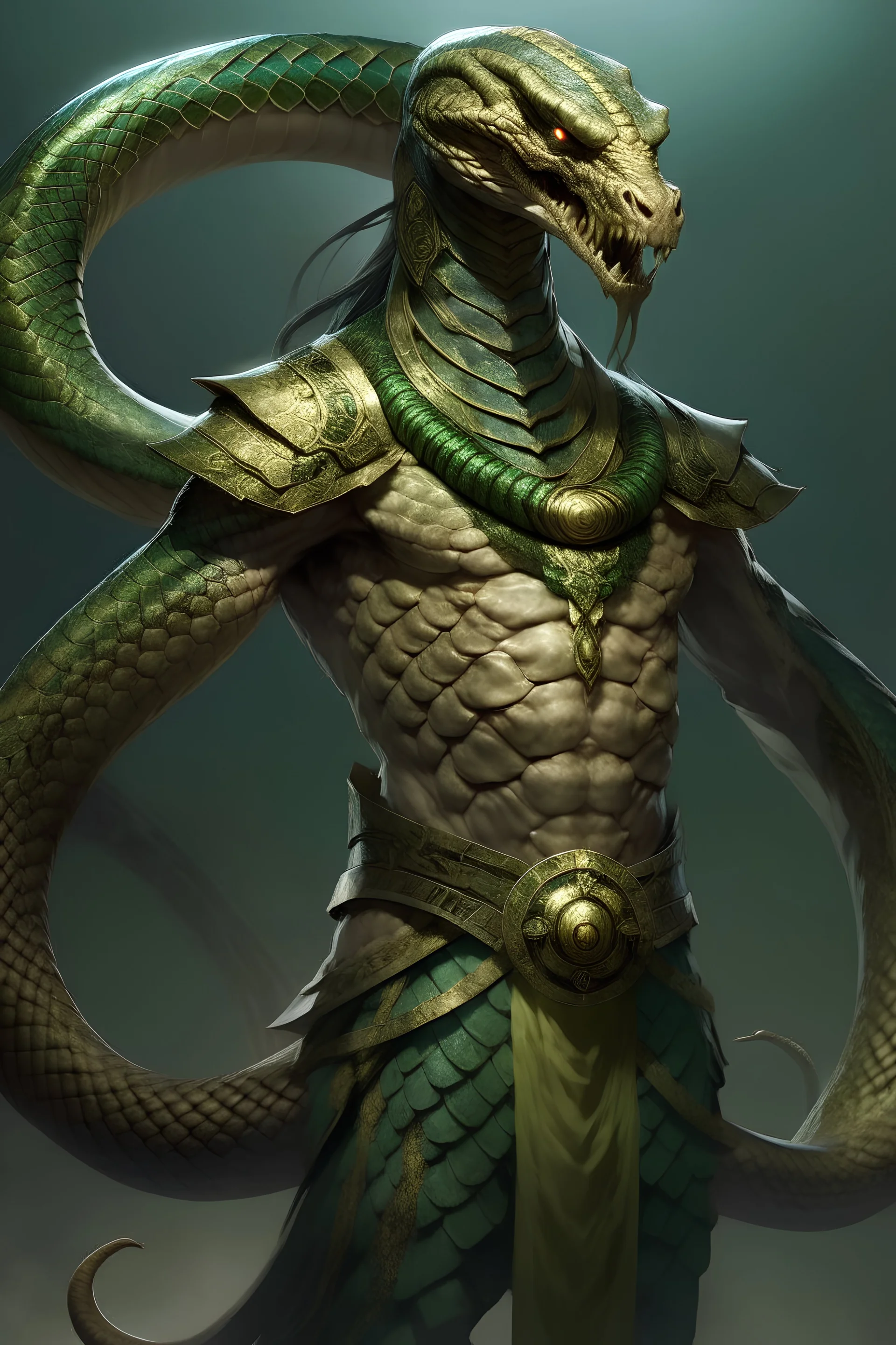A great humanoid serpent with the torso of an awesome snake