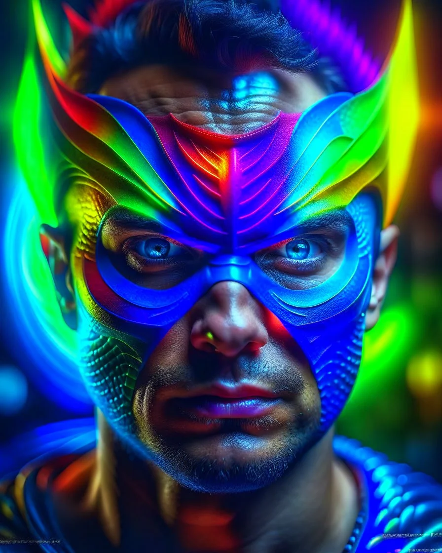 ultra realistic photo portrait of superhero man with stylized dragon mask over his eyes and forehead cosmic energy, colorful, painting burst, beautiful symmetrical face, nonchalant kind look, realistic round eyes, tone mapped, intricate, elegant, highly detailed, digital painting, artstation, concept art, smooth, sharp focus, illustration, dreamy magical atmosphere