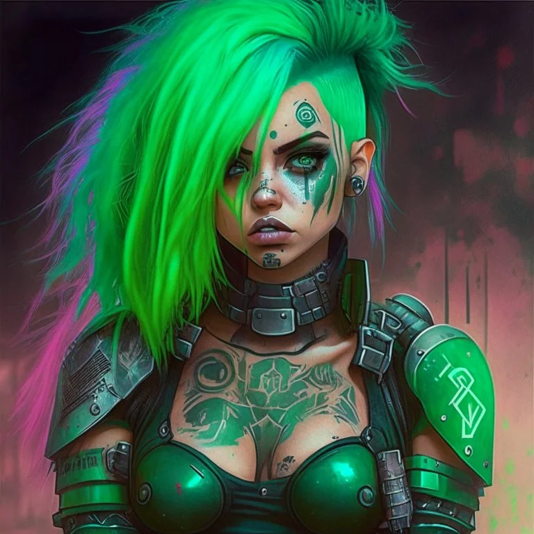 Cute egirl tattooed mugshot, cyberpunk green hair, 80s comic book style, knight armor, wasteland.