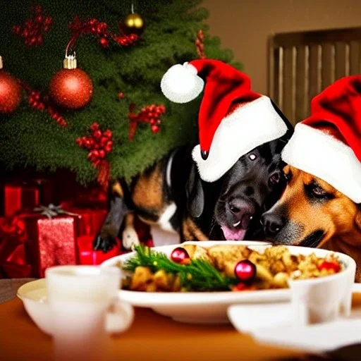 Dogs eating Christmas dinner