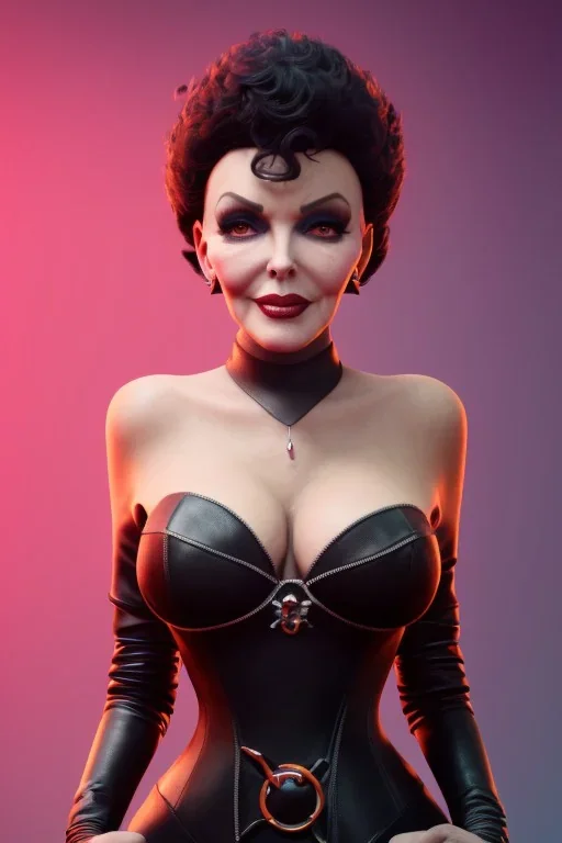 Joan Collins as evil queen in black leather, leather, busty, cleavage, angry, stern look. character design by cory loftis, fenghua zhong, ryohei hase, ismail inceoglu and ruan jia. unreal engine 5, artistic lighting, highly detailed, photorealistic, fantasy