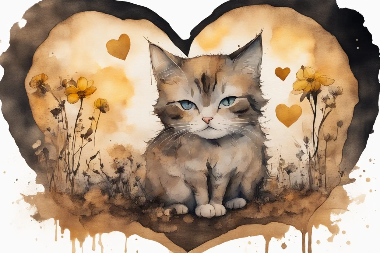 good night picture in ochre, double exposure, merged layers, burned burlap, cute chibi anime cat, beautiful surrealistic composition, melting watercolor and black ink on wet paper in sunshine, flowers, heart and love, ethereal, cinematic postprocessing