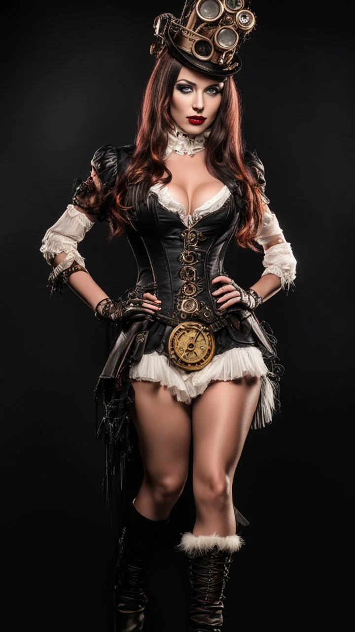 Full Body photo of a steampunk burlesque Woman With straight hair and a Fringe Hairstyle, Black Background