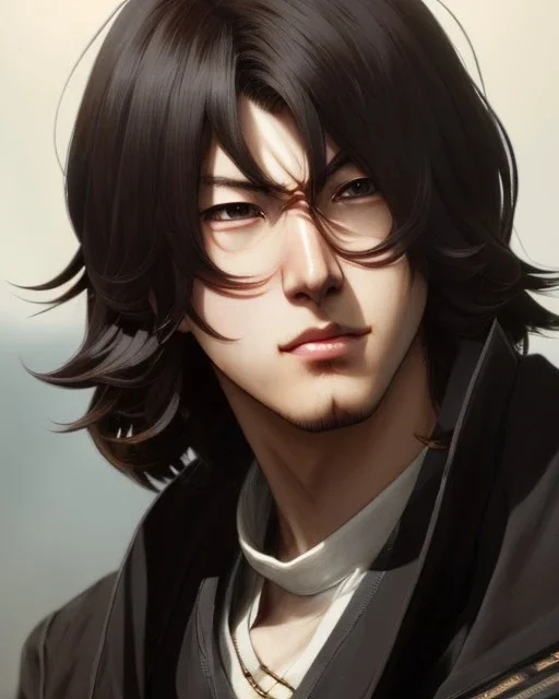 Detailed upset male anime boy with long brown hair, intricate details, full body portrait, keep head in frame, slight, black Japanese motif, concept art, highly detailed, digital painting, concept art, sharp focus, illustration, art by Yoji Shinkawa, WLOP and greg rutkowski and alphonse mucha and artgerm and yanjun Chen and Junji ito and Makoto Shinkai, HDR, octane render