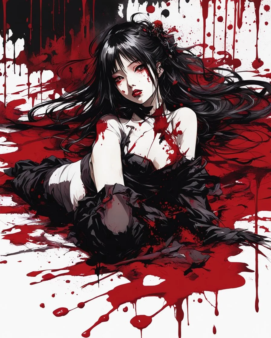 Petit girl goth, lying pose, fullbody, behind blood guts rising from the ground, illustration by <Yoji Shinkawa>, behind paint splashes darkred tones,