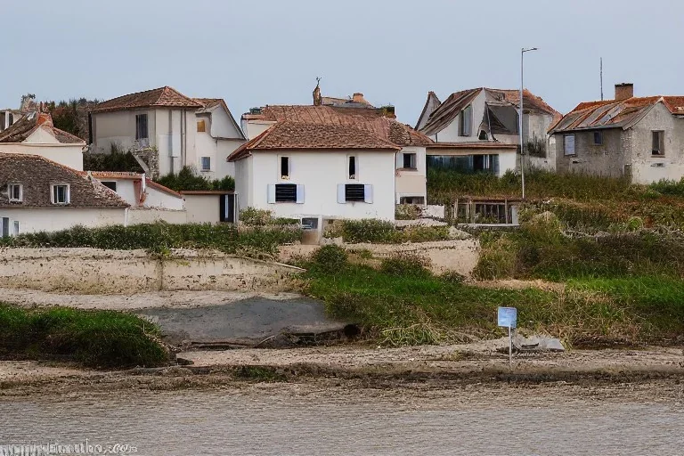 a modern village on a small island on the coast of France. The village is beeing flooded slowly by the sea rising. Some house are abandoned but most people stayed in the village.