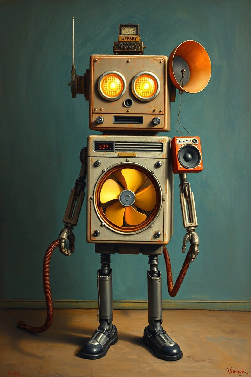 a mechanical man with fan in his chest , 2 light balls as eyes , 2 speakers as ears one refrigerate as head and 2 vacuums cleaners as legs , surreal, Van Gogh, Busch painting style