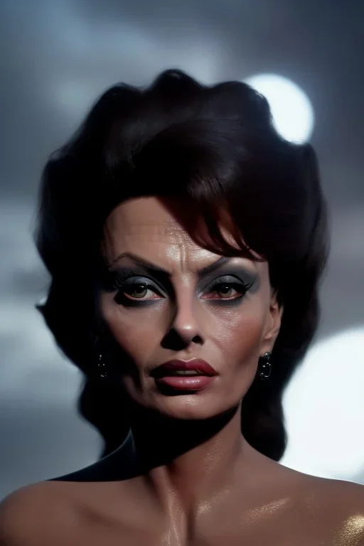 young sophia loren as evil queen in black leather, angry, stern look, volumetric lighting, particales,highly detailed,cinematic, deep colours,8