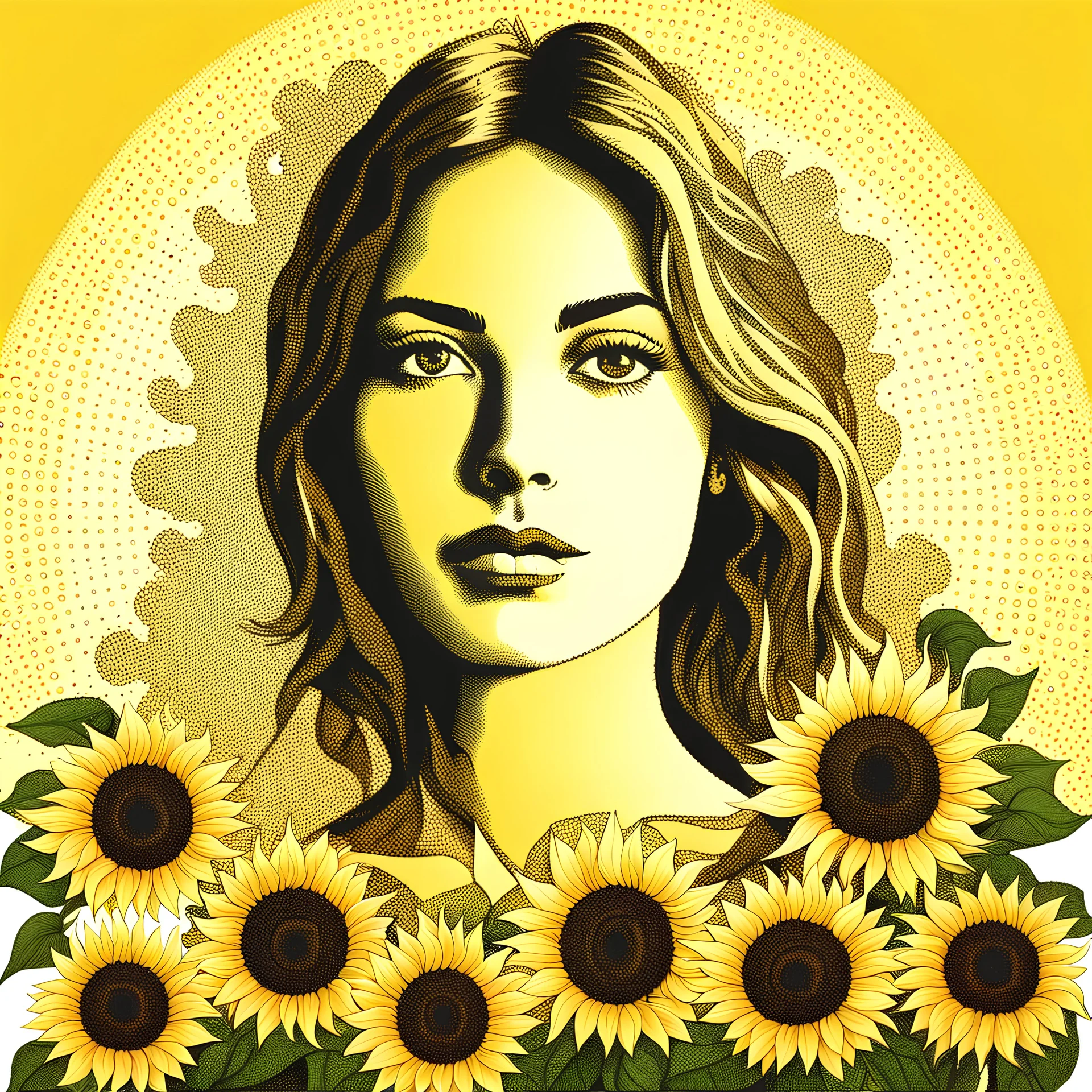 Portrait of a woman, sun and sunflowers, eclectic harmonic dot art