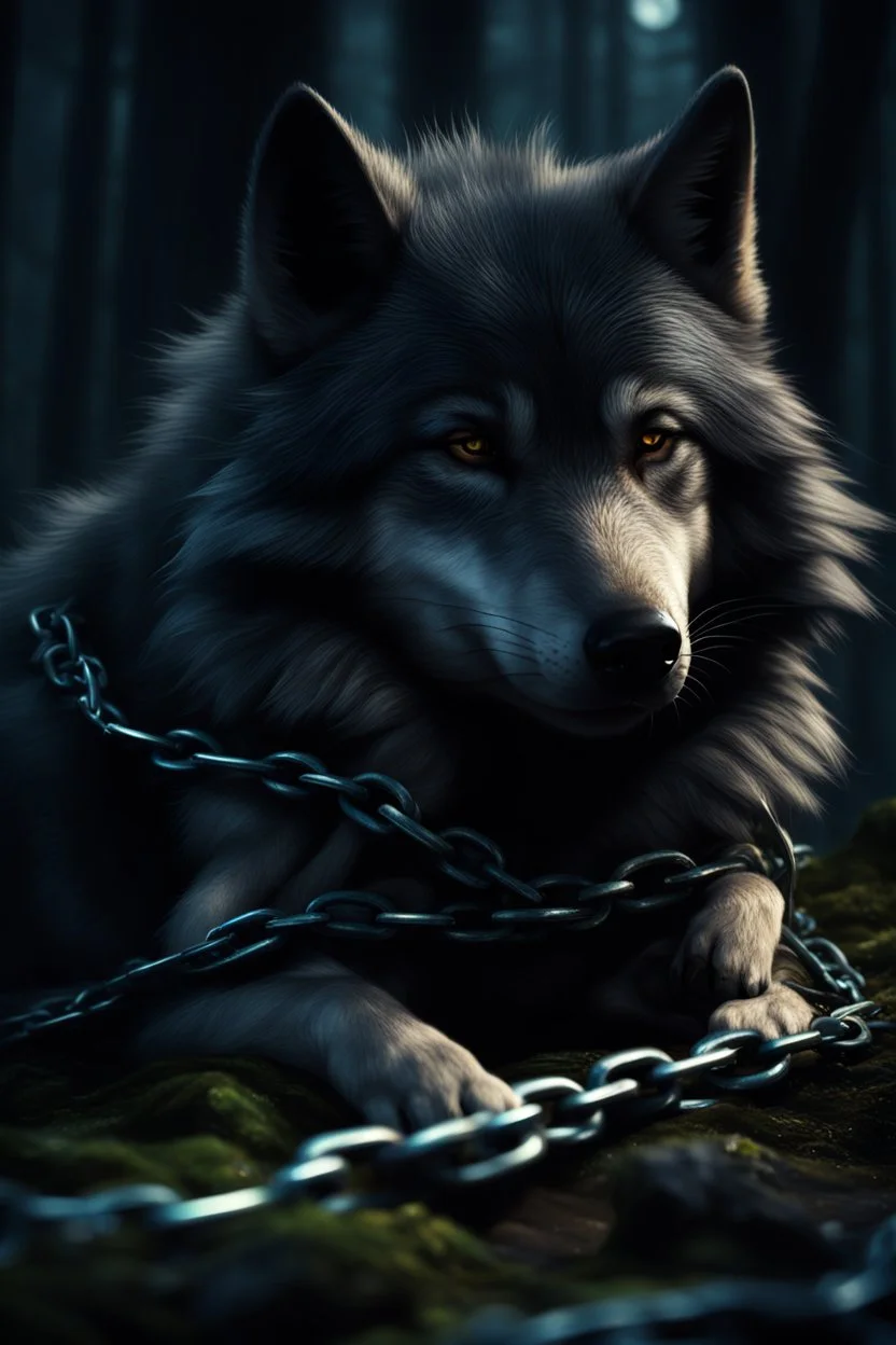 sad small scruffy wolf in chains laying down eyes closed, photorealistic, 4k, dark fantasy, forest