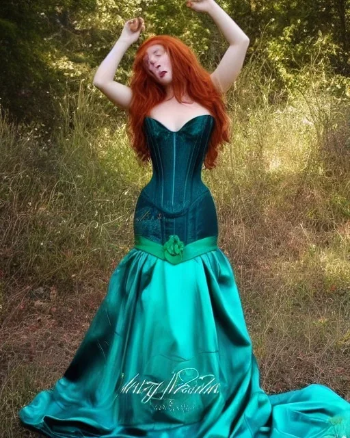 Magic princess with long auburn hair in a big teal green and gold satin ballgown corset off shoulder top casting magic