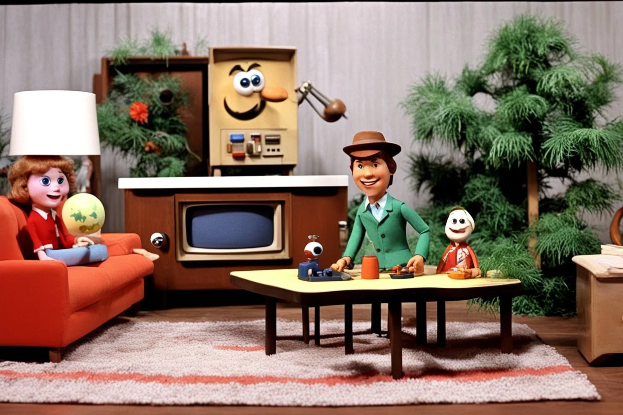 [1960’s stop-motion animation style in the living room] a 70s humour funny advertisement video TV featuring The Brady Bunch, Gilligan's Island, Laugh-In, The Partridge Family as a claymation character toy from a claymation horror movie in burning rainbow land, from hell, creepy Videos, eyeballs and trees everywhere , as old advertisement shot on video VHS