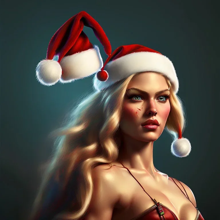 art by brom, hot blonde warrior woman, santa hat, christmas tree