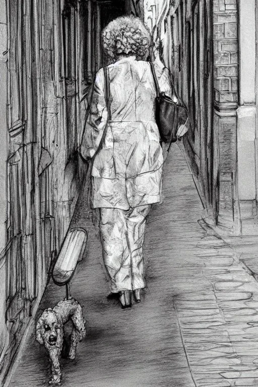 street, old lady with old poodle walking, model style, hyper realistic, accurate, delicate, extremely detailed, Graphic novel style, wide-angle, front view, open aperture, superfine pencil