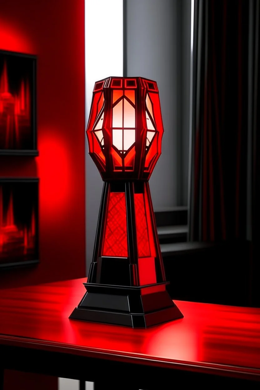 gaming table lamp inspired by avengers stark tower buliding architecture futuristic-modern stlye. geometric form, red and black color scheme