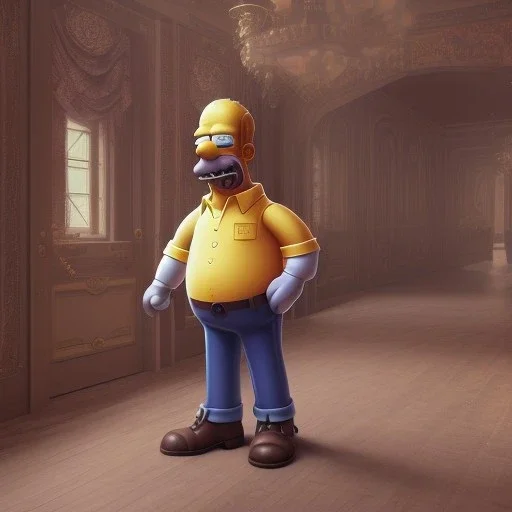 Full body, 3d render, homer simpson 1800's men style, 1800's hair style, 1800's men clothes style, hyper realistic, octane render, unreal engine 5, 8k, palace background, uhd