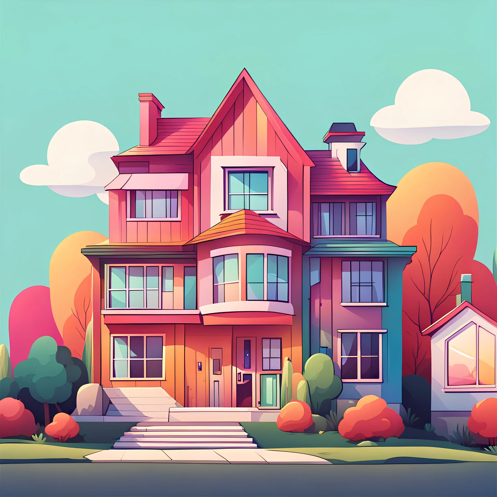 background with a residential house, cartoon/ minimal/ colourful