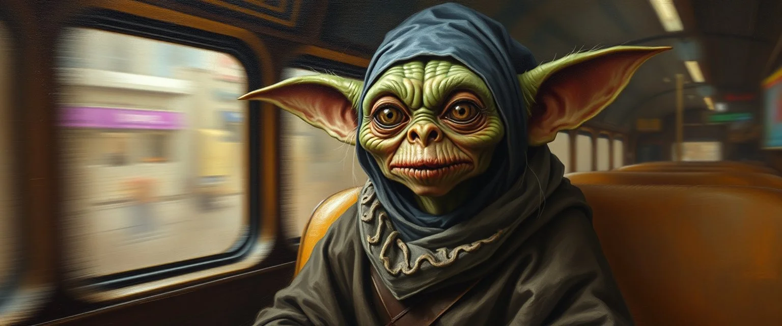 master oil painting by Rembrandt, scary ai sami gremlin woman on buss , motion blur background