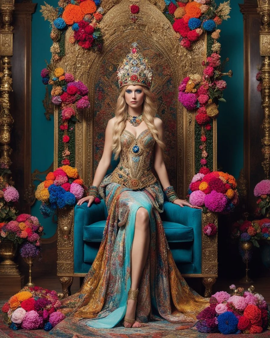 📷👸 full length image a distance dystopian angle fullbody a beautiful European blond girl pretty super model adorned with an elaborate and colorful headpiece made of flowers and jewels, wearing a vibrant and detailed victory outfit that includes intricate patterns and sparkling embellishments. The attire should reflect a rich russia empire, with attention to the fine jewelry that complements the ensemble.sitting the throne queen in room luxurious royal palace background