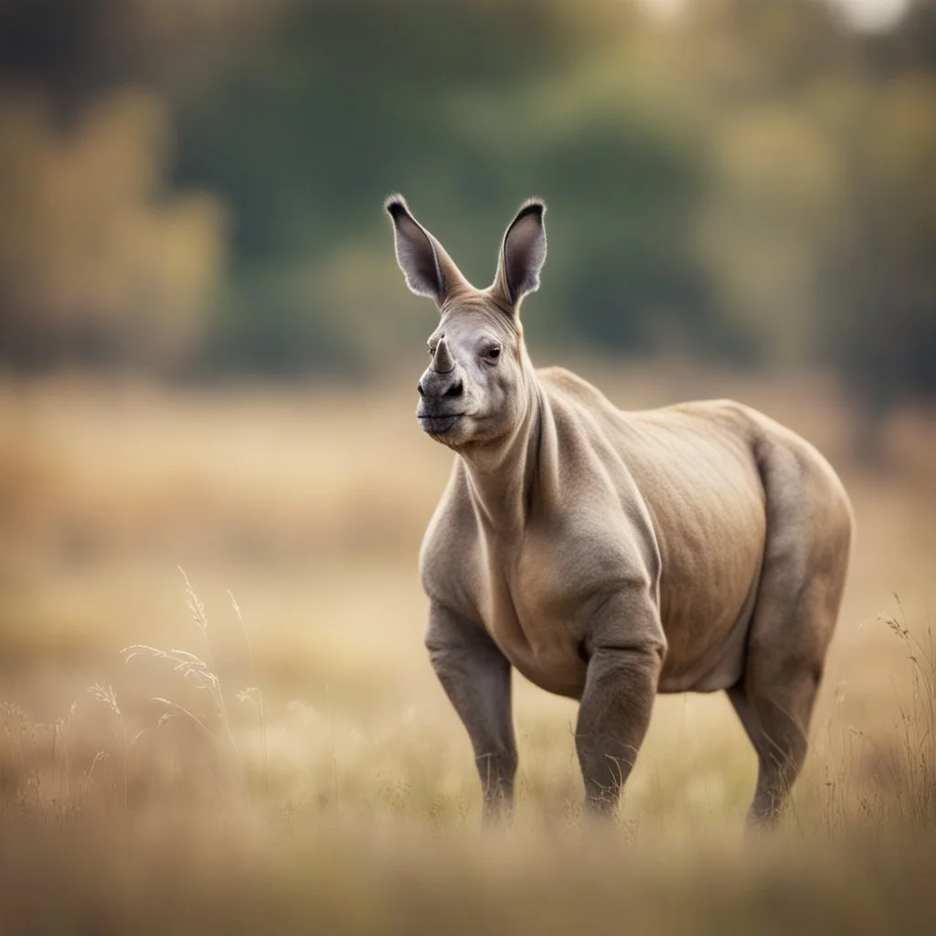 kangaroo rhino with big white jagged horn on its nose, standing on two legs in long grass ,bokeh like f/0.8, tilt-shift lens 8k,*-