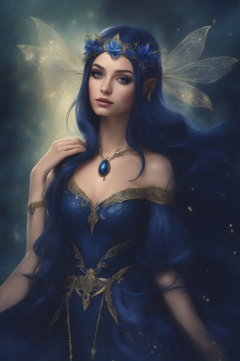 Midnight blue,Dark blue hair,night,dark fairy princess ,elven crown,elven ears,sparkle,glitter,gold armor,dragonflies,rapunzel hair,water lilies