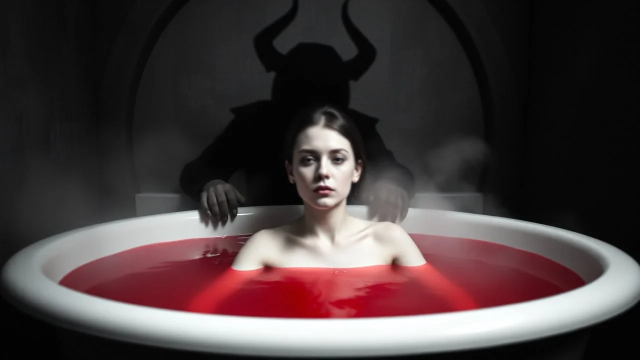 monochrome photo of a blur face pale woman sitting in bath tube around her red water, in bath, blur fog, background one black demonic shadow, dark gray old wall, darkness around, sad, surreal dark vibe, dark colors, in wall circle dark deep abyss,splash art, cinematic, depressive vibe