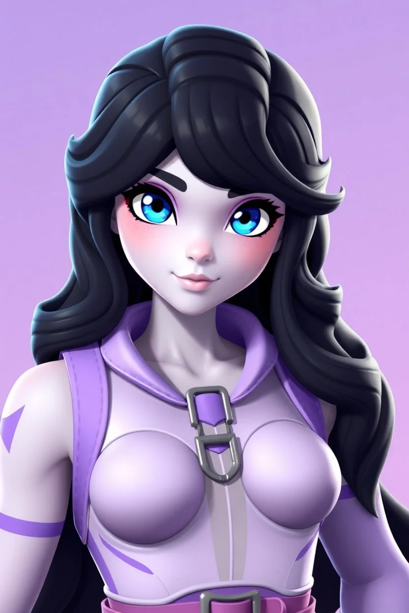 Fabulous; Beautiful; stunning; Blue eyes, long wavy black hair, pale skin character in fortnite (fortnite video game), (vivid), ((fortnite cartoon character)), fortnite animation, fortnite skin, (tilted towers fortnite map), full body shot, bright and dynamic coloring, (fortnite epic games), lavender body gear; season 6 style