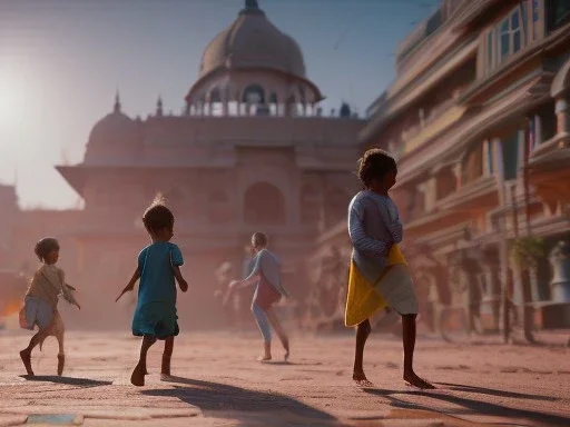 children playing on the Indian street capture them against the sun and make an art silhouette, hyper details, real sharp, 8k