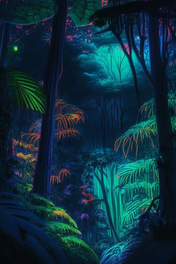 Canopy view tropical forest at night, with each tree emitting differrence colours bioluminiscene