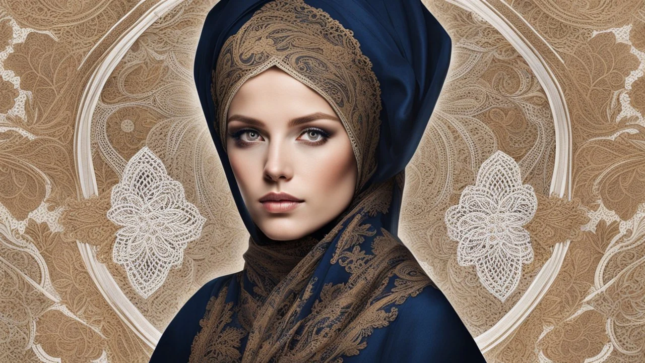 portait of a woman with striking golden-brown eyes, which are partially concealed by a dark blue headscarf. Her shyly looking into the camera. The combination of her lace headscarf, beautiful eyes and the fine lace of her face veil creates an intriguing and visually appealing scene, highly detailed, high contrast, perfect lights, masterpiece