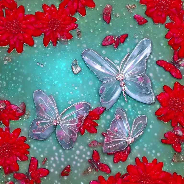 Прозрачная Бабочка из воды и букет венок маленькие красные стеклянные цветы в жемчужном сиянии капли дождя