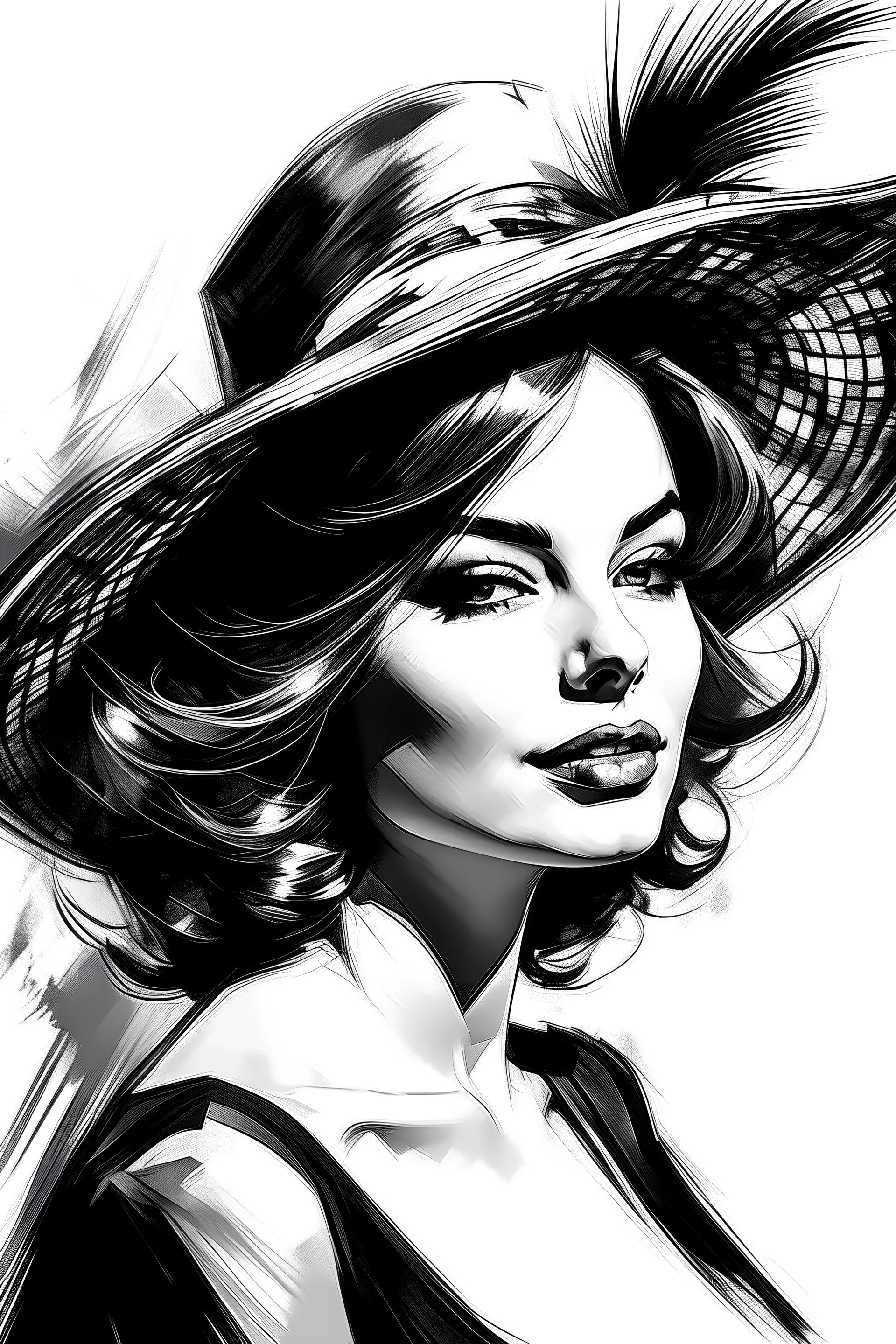 Black and white woman with a fascinator hat in oil painting style with fat brushes strokes