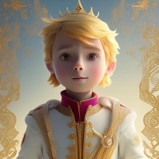 The Little Prince and The Rose ,super sweet and mega cute male human toddler, super sweet and mega cute epic human fantasy king, crystal clear ice, majestic, ominous, art background, intricate, masterpiece, expert, insanely detailed, 4k resolution, retroanime style, cute big circular reflective eyes, cinematic smooth, intricate detail , soft smooth lighting, vivid dramatic colors, painted Rena