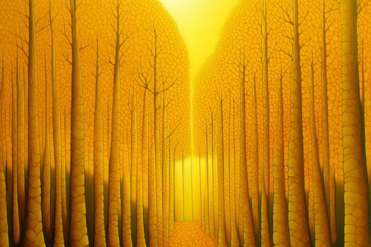 A golden yellow forest made out of pixels painted by Georges Seurat