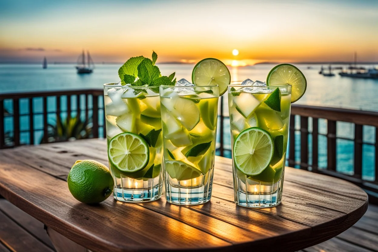 Two glasses of a mohito coctail beverage with lime are on a dining table on the balcony, overlooking a beautiful sea waterfront view. sunset, warm lights, harmonic calm mood, highly detailed, high contrast, perfect lights, masterpiece