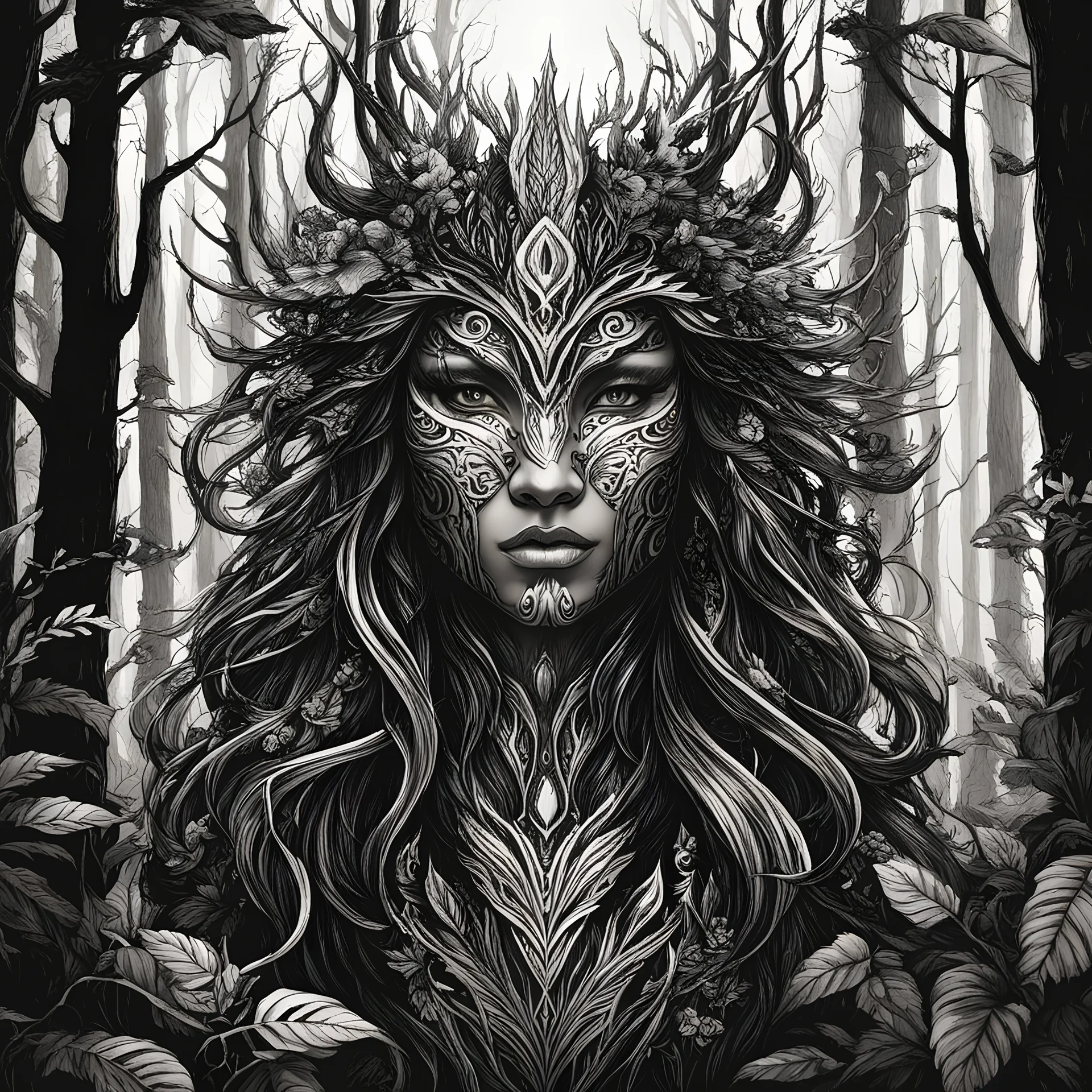 create a female shadowed forest spirit guardian , with highly detailed, sharply lined facial features, in the deep forest of Brokilon , finely drawn, boldly inked, otherworldly and beautiful