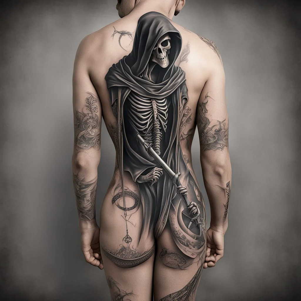 Bad tattoo, back reaper tattoo reading "NO REGERTS", text, photorealistic, by Ben Goossens