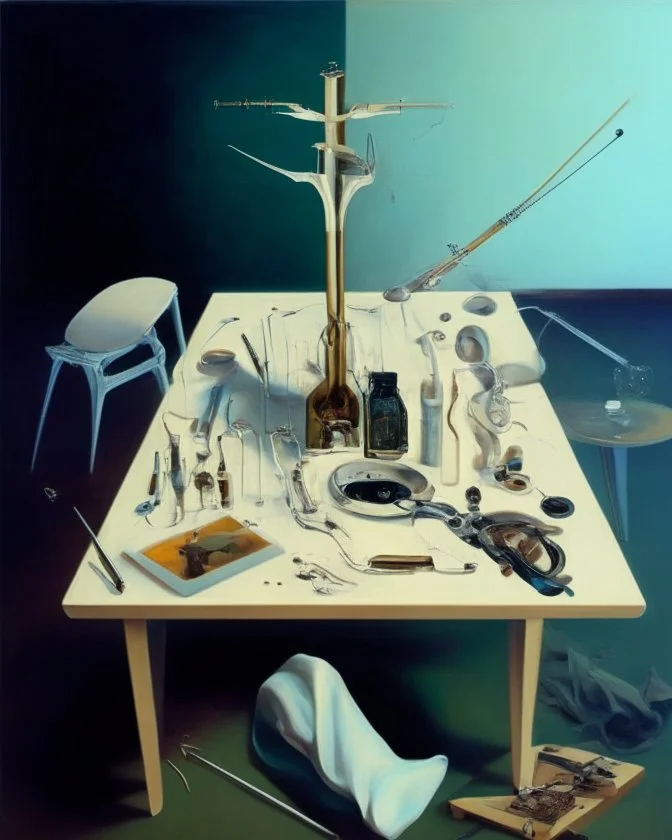 human body, universe-like table,complex surgical instruments mixed with human body-like musical instruments,minimalism,Painting By Adrian Ghenie, Rene Magritte, Lucian Freud