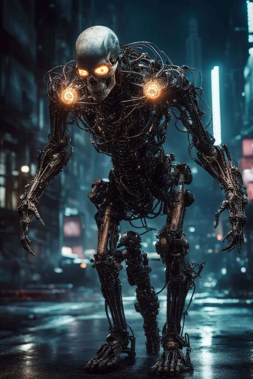 Extreme grandiose and cinematic photo in realistic colors ((cyber skeleton, sparks around)) dynamic pose and expression, in the city ally of steam tales,industrial, futuristic, night, high lighting, intricate, 8k, macro photography,