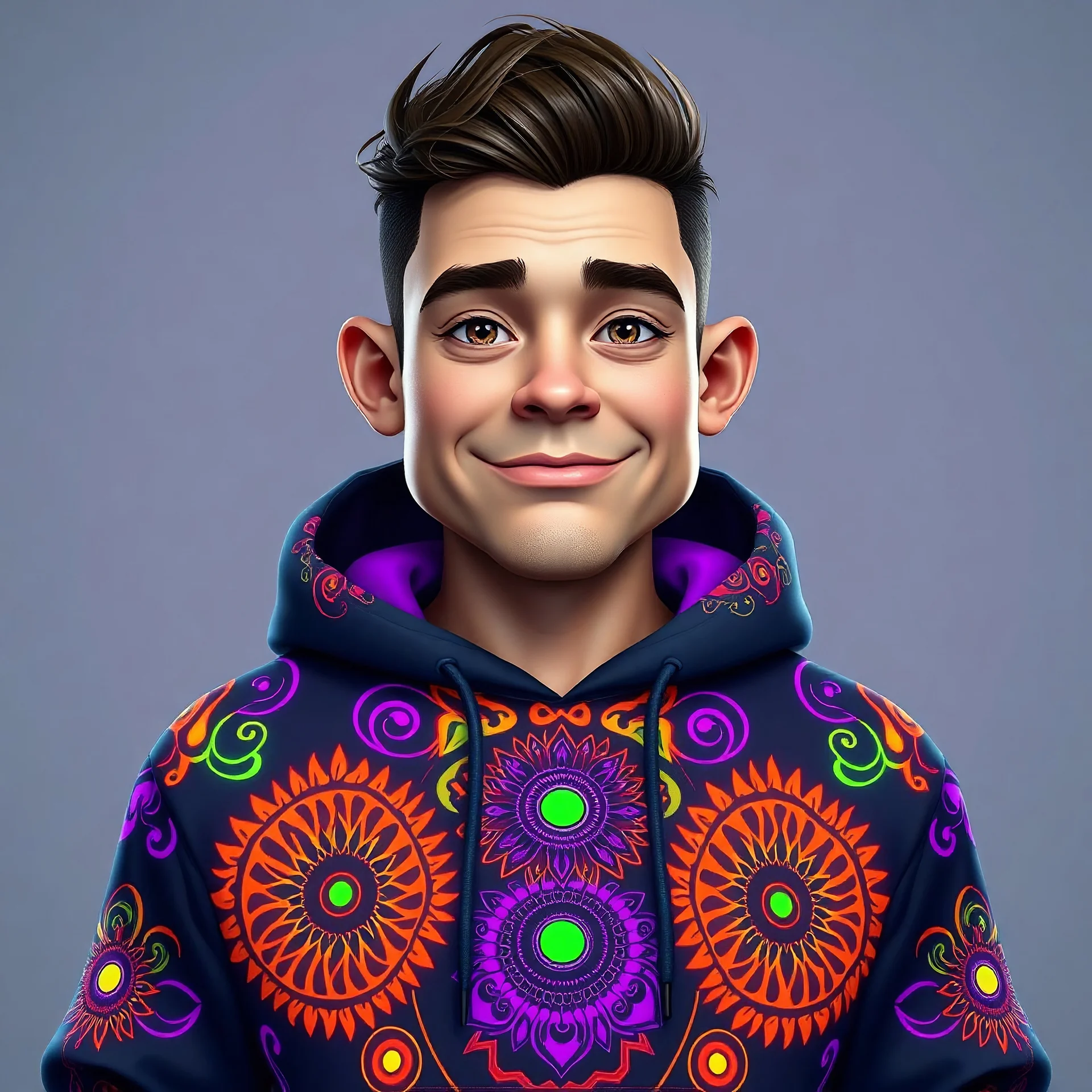 A 3D Caricature young adult male, very big headed, short body, likely of light skin tone, is the central figure in a vibrant, digital art style image. He is wearing a dark-colored hoodie decorated with intricate, psychedelic patterns featuring bright neon colors like fluorescent orange, vibrant purple, and bright green. The patterns are complex, resembling swirling geometric designs, fractal patterns, and glowing circular motifs. The hoodie has a graphic design inspired by organic forms like ten