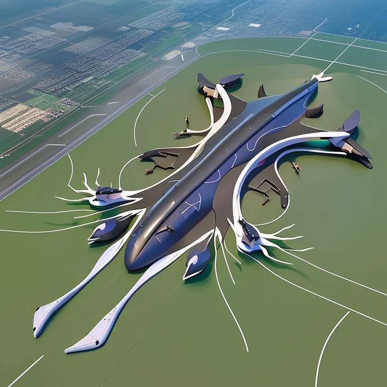 Symmetrical aerial view of an ant-shaped airport, spectacular, impressive, ultra quality, maximalist, 8k 3D