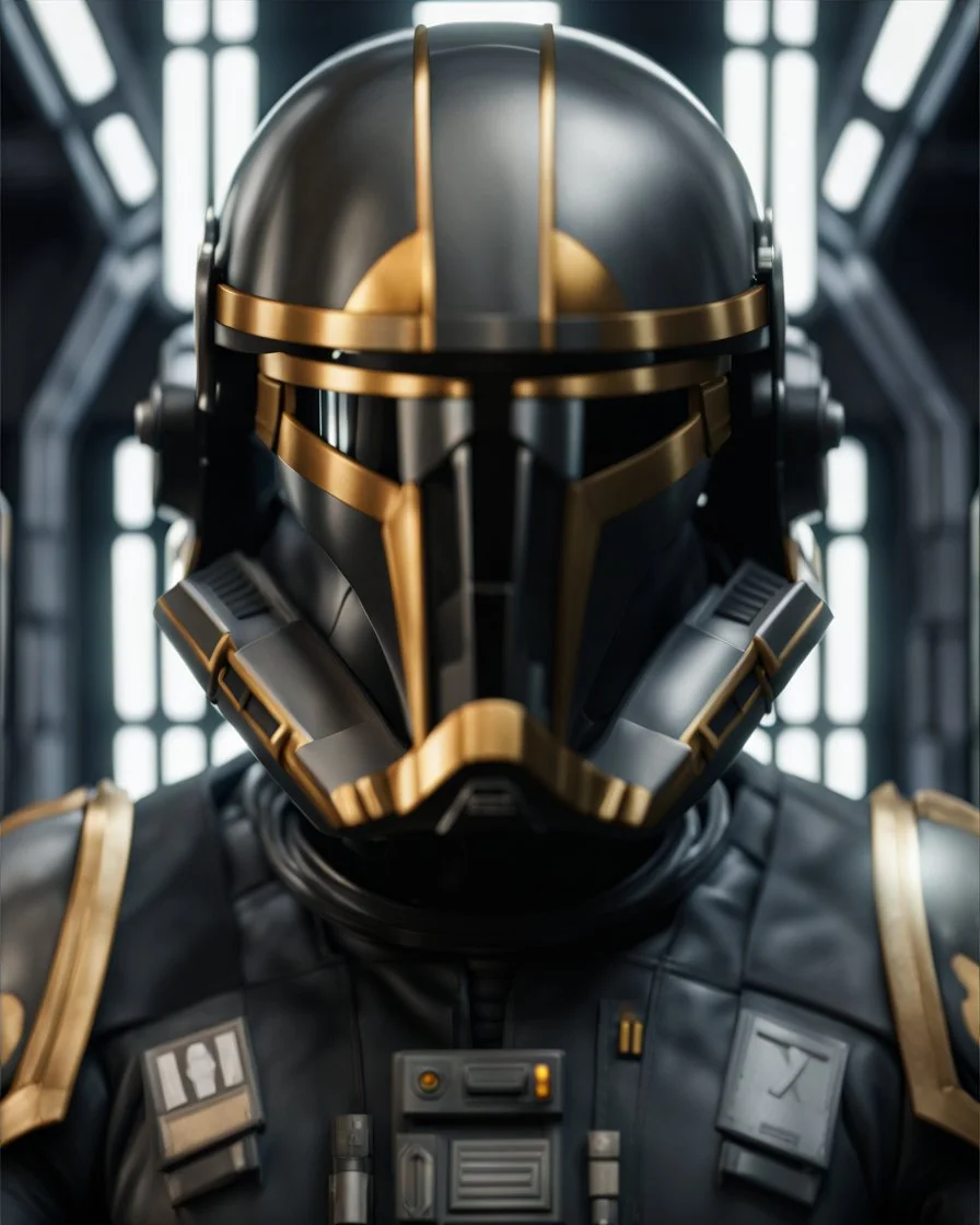 star wars bald male corellian pilot wearing dark gunmetal grey and black First Order special forces TIE pilot armored flightsuit and helmet with gold trim inside the jedi temple, centered head and shoulders portrait, hyperdetailed, dynamic lighting, hyperdetailed background, 8k resolution, volumetric lighting, light skin, fully symmetric details