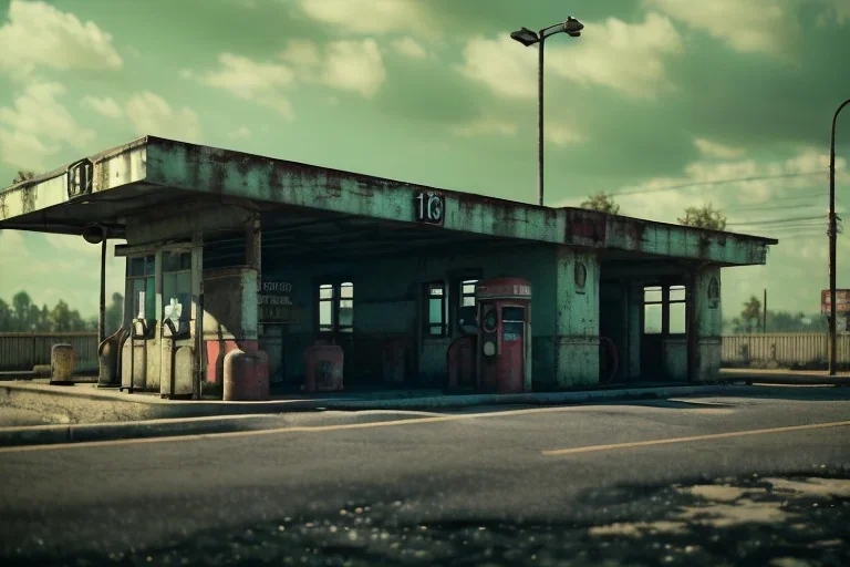 old gas station,rundown, roadside ,road texture, atmospheric ,night lighting,rainy, realistic, unity engine, cinematic lighting,green emession, octane render.