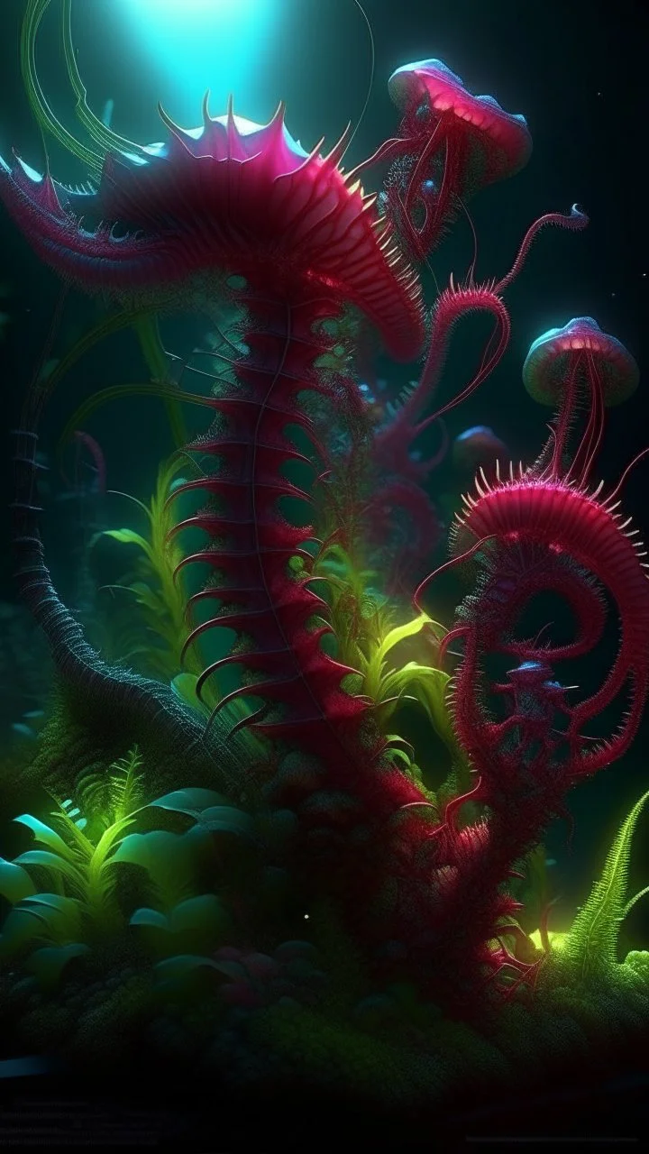 "3D HR Complex Unique and Beautiful Bioluminescent Carnivorous Plants, a breathtaking frontier fantasy artwork by Android Jones, Jean Baptiste monge, Alberto Seveso, Erin Hanson, Jeremy Mann. Minimalist highly detailed and complex professional_photography, masterpieces, 8k resolution concept art, Artstation, tricolor, Unreal Engine 5, cgsociety" Highly detailed ArtStation Concept Art Clear Focus Smooth cinematic 4K epic Details Serious Stoic ARTgerm AN's mature art. Bosch painting style,Busch