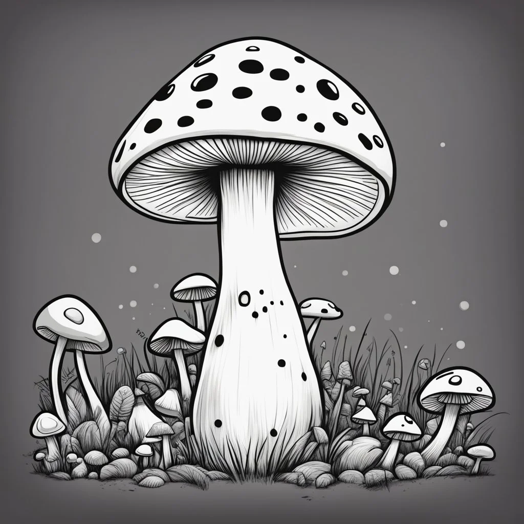 mushroom, black and white, cartoon, drawing, cute, outline