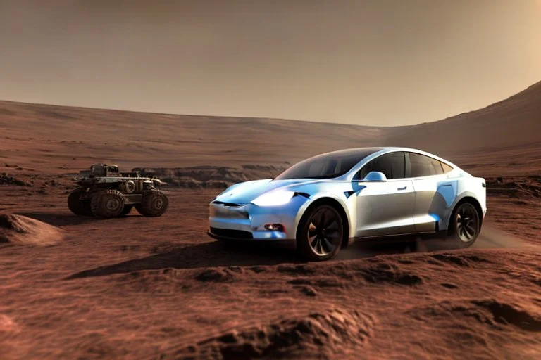A Tesla 'Model Y' is parked, at the Cydonia region on Mars. (CINEMATIC, WIDE ANGLE LENS, PHOTO REAL)
