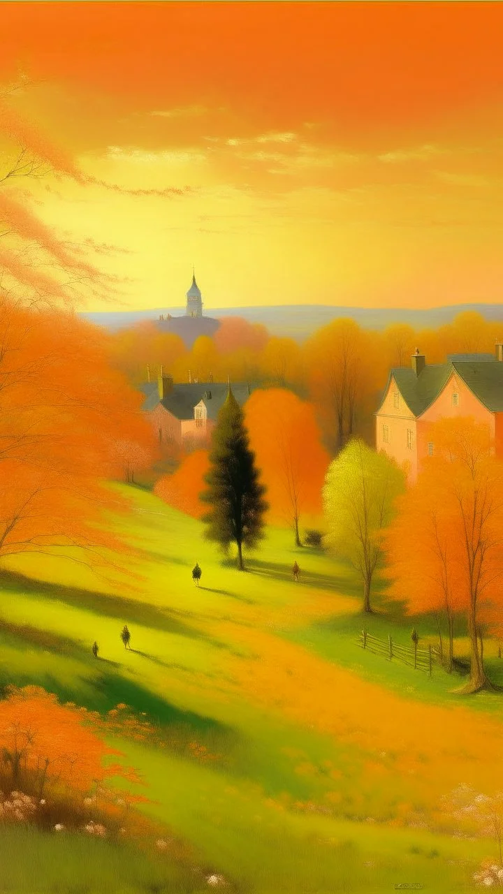 A light rosy orange colored town with orchards painted by George Inness