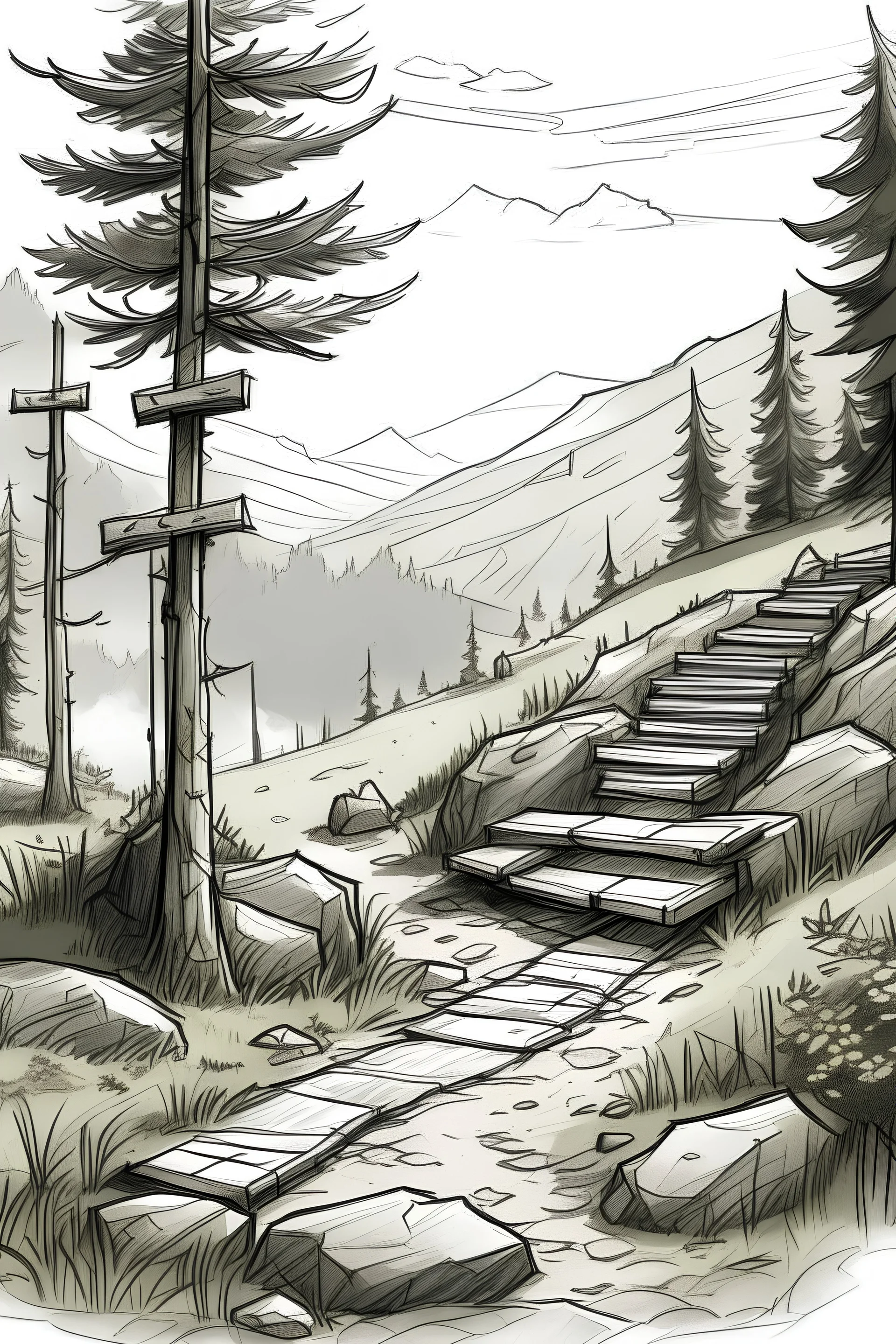 Give me a sketch of a hiking trail that has signposts, light poles, and gazebos for climbers and families to rest.