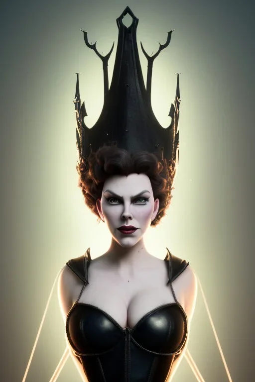 Hannah Waddingham as evil queen in black leather, busty, cleavage, voluptous, rebecca Welton, angry, stern look. character design by cory loftis, fenghua zhong, ryohei hase, ismail inceoglu and ruan jia. unreal engine 5, artistic lighting, highly detailed, photorealistic, fantasy